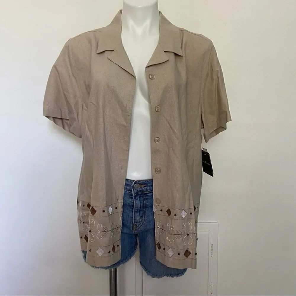 Vintage 90s Linen Blend Embellished Button Down